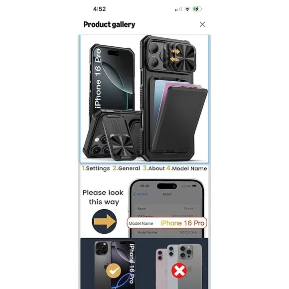 Iphone 16 Pro Case W Card Holder Kickstand Slide Camera Lens Cover 6.3" Blk - Picture 5 of 9